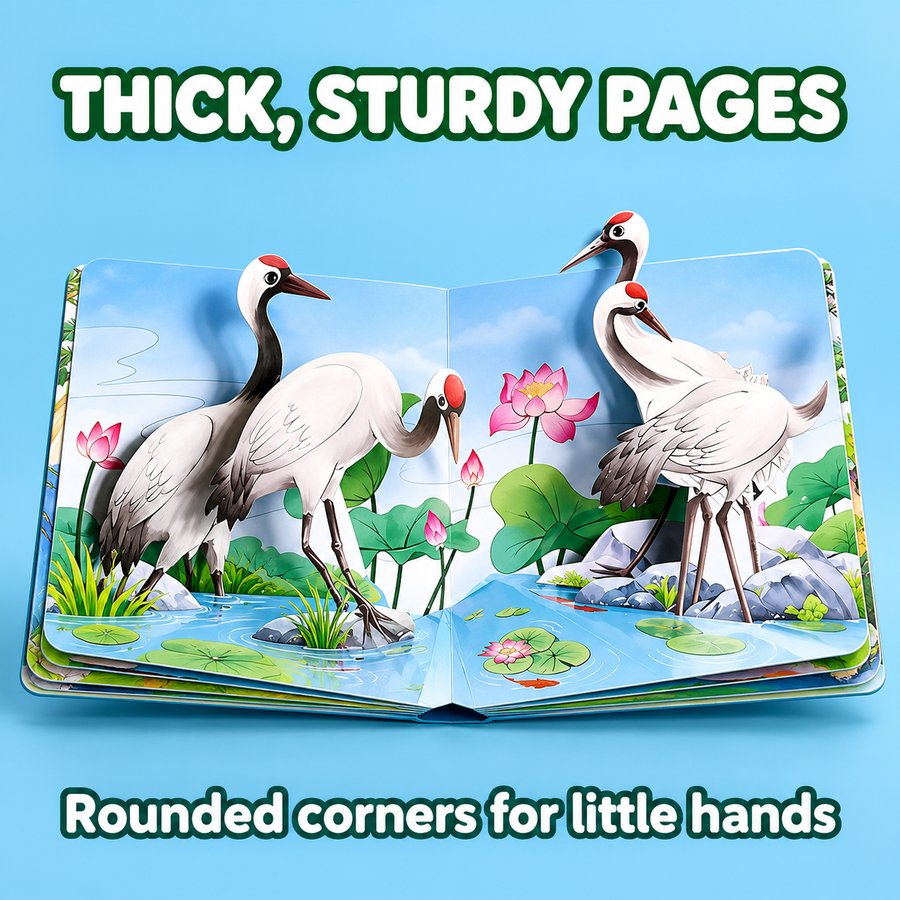 Thick sturdy pages of the 3D pop-up book with cranes
