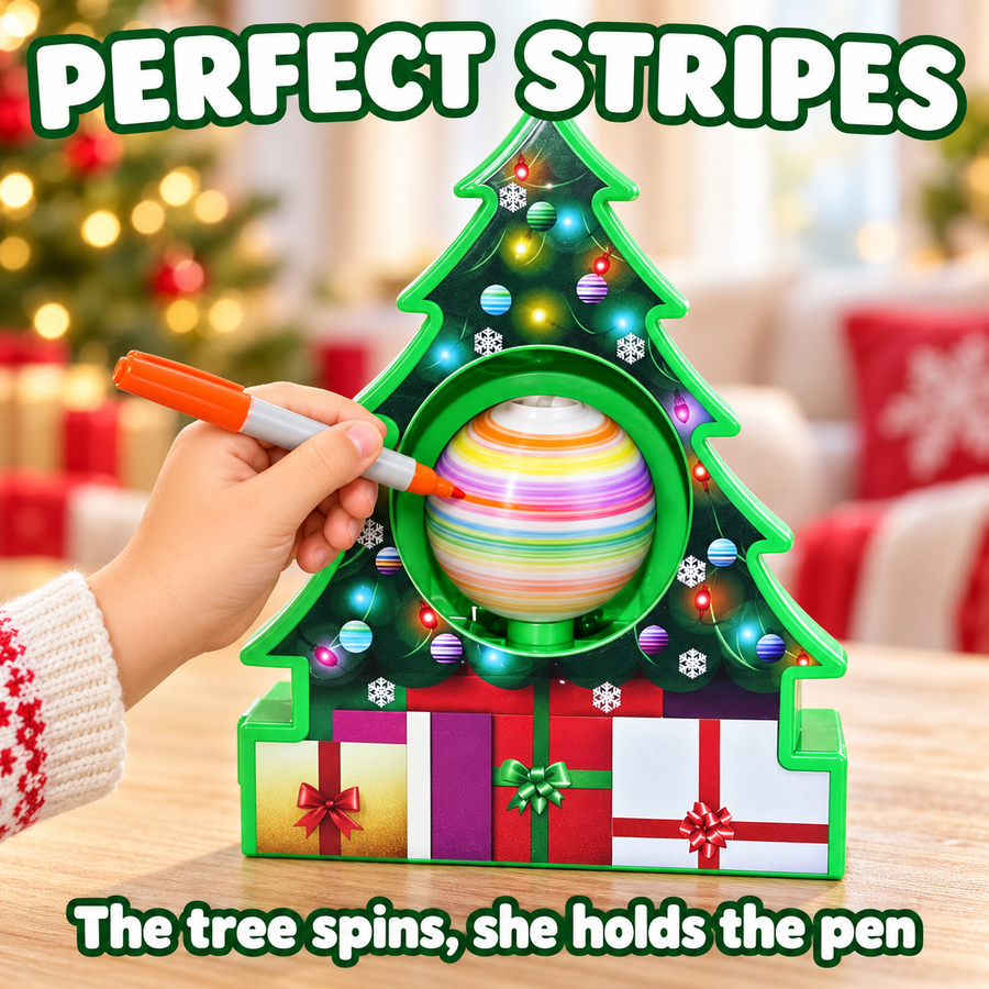 Child drawing stripes on an ornament spinning in the tree