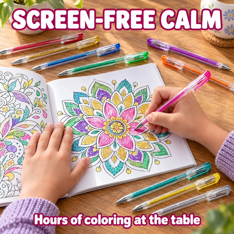 Child coloring a mandala with glitter gel pens, screen-free calm