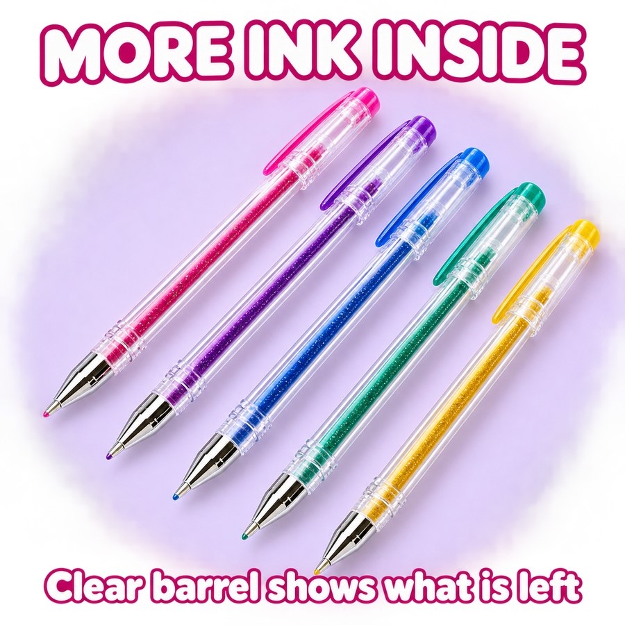 Clear barrel glitter gel pens showing the ink inside