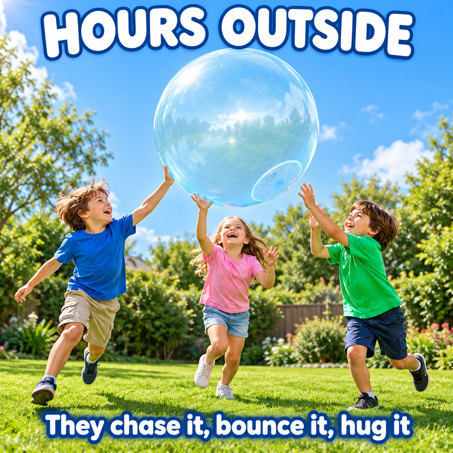 Kids playing with a giant bubble ball in the backyard, hours outside