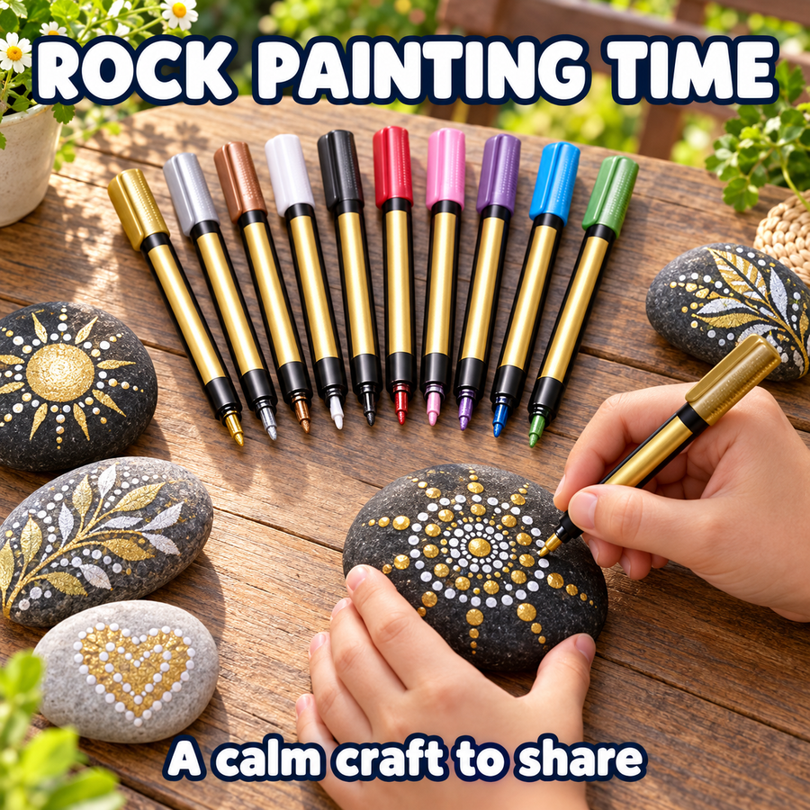 Child painting a rock with metallic paint pens