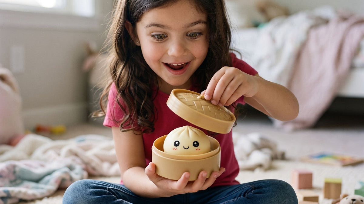 A girl lifting the lid off a dumpling squishy blind box on her bedroom rug and finding the cream design