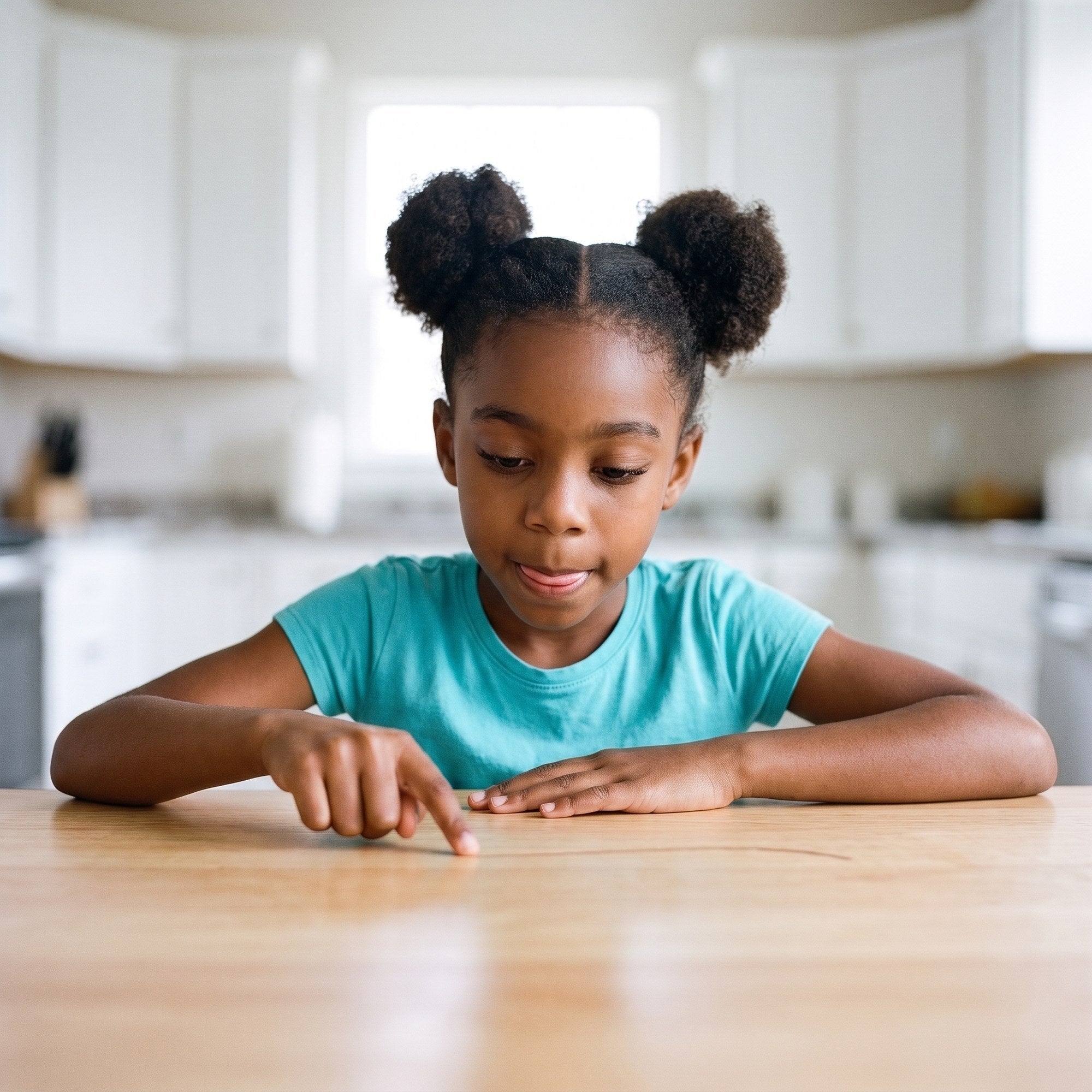 Girl tracing a line on a kitchen table, busy boards category Image