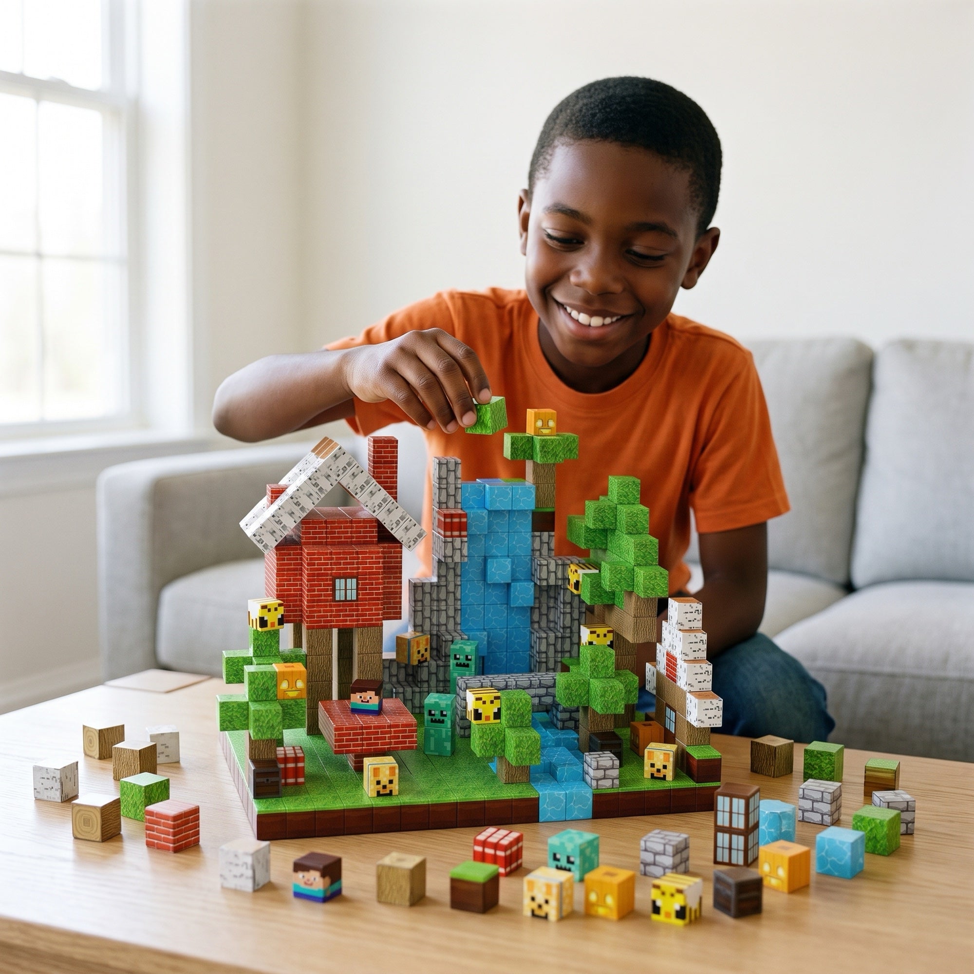 Boy leaning over a wooden table, magnetic building blocks category Image