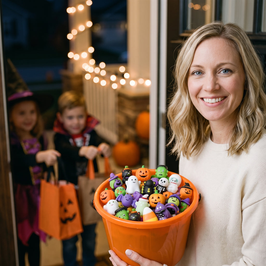 A mother at her front door on Halloween night holding an orange bucket filled with mini Halloween squishies, two costumed children waiting behind her with treat bags