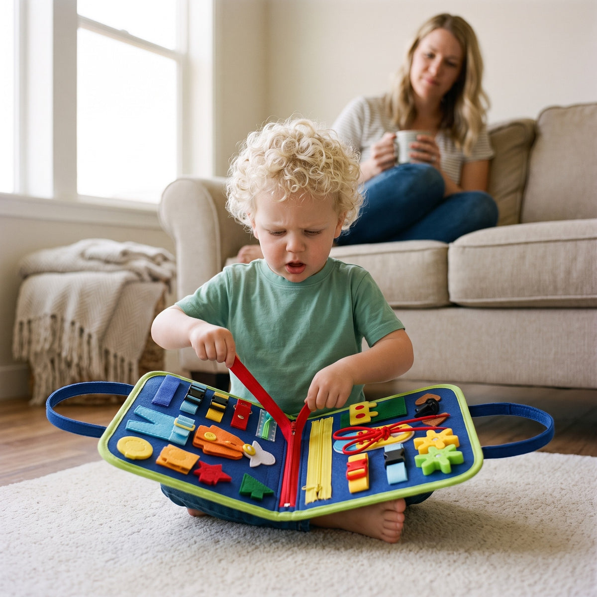 Toddler playing with the blue dinosaur felt busy board while his mother drinks her coffee