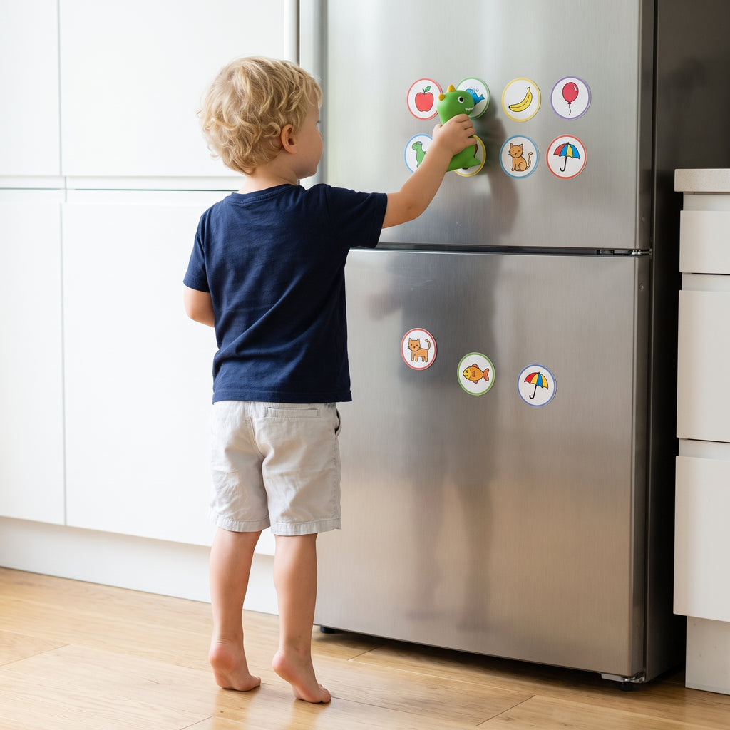 Toddler in a bright kitchen reaching up to a grid of round picture stickers on the fridge, dinosaur reader in hand