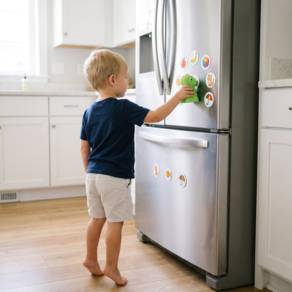 Toddler holding the green dinosaur reader against a round picture sticker on a stainless steel fridge door, more stickers lower down at child height