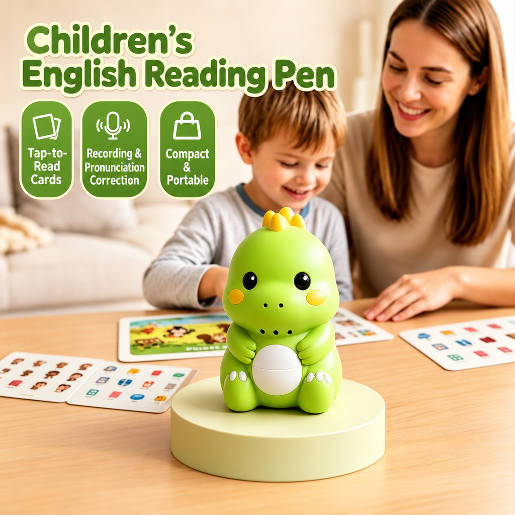 Green dinosaur reader on a table with a smiling boy and his mother, illustrated cards and sticker sheets around him, with icons for tap-to-read cards, recording and compact size
