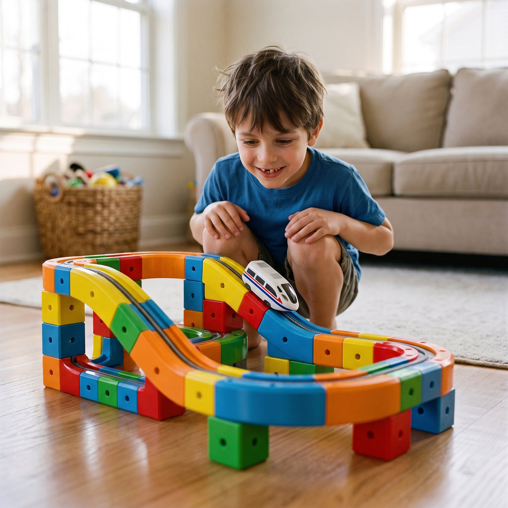 A boy watching the train run down the magnetic cube track