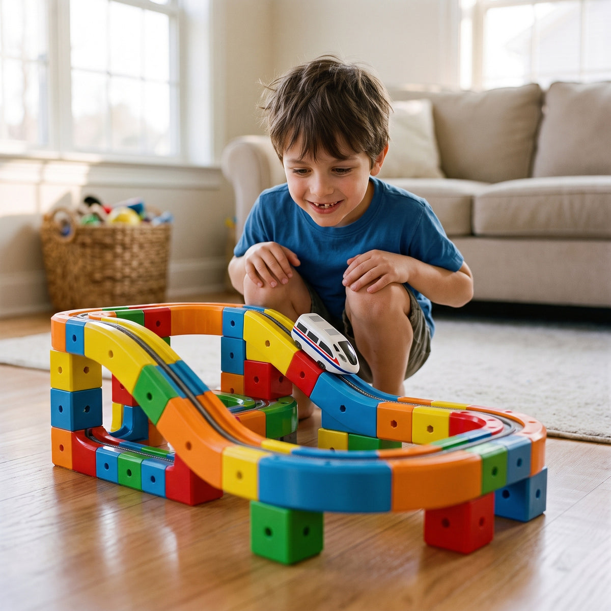 A boy watching the train run down the magnetic cube track