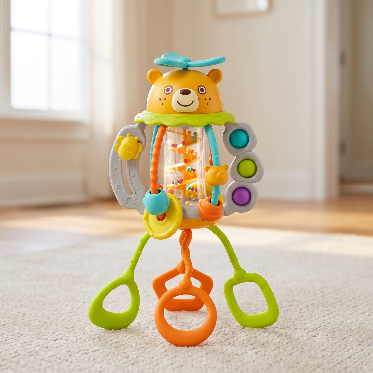 Yellow bear rattle standing on a cream rug, clear barrel of rolling beads and three silicone teething rings spread out in front