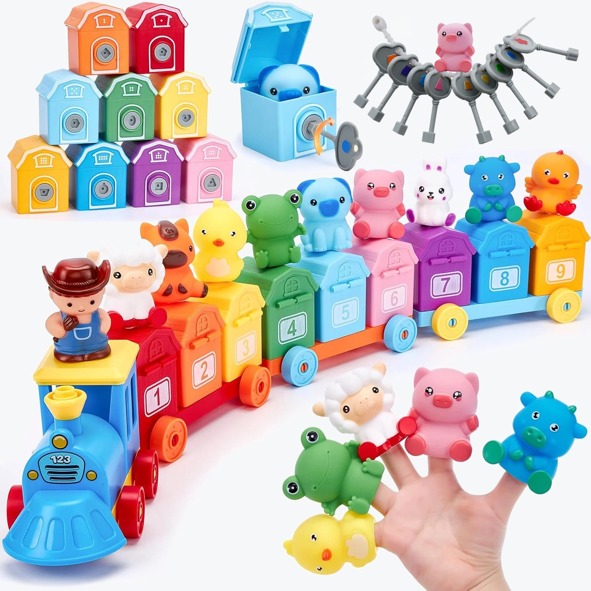 The complete farm train set, nine numbered barns, nine farm animals, the farmer and the ring of keys