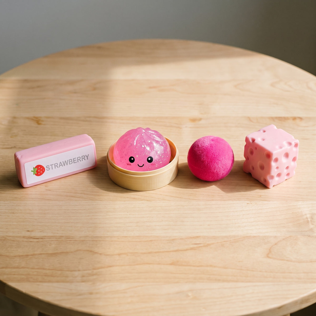 The four pink squishies side by side: strawberry butter stick, glitter bao in its bamboo steamer, flocked ball and holed cheese cube