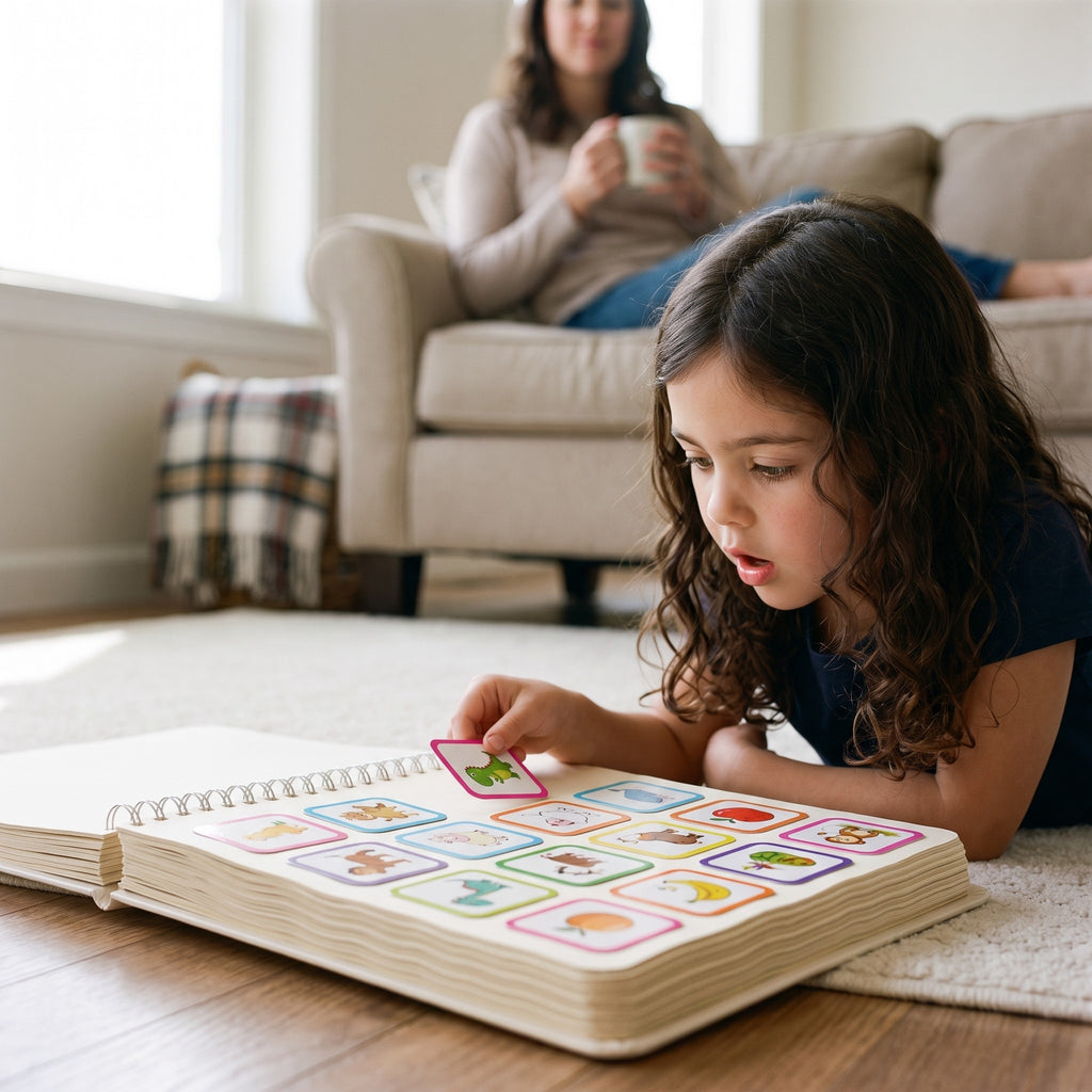 Girl placing a picture card in the preschool busy book while her mother drinks her coffee