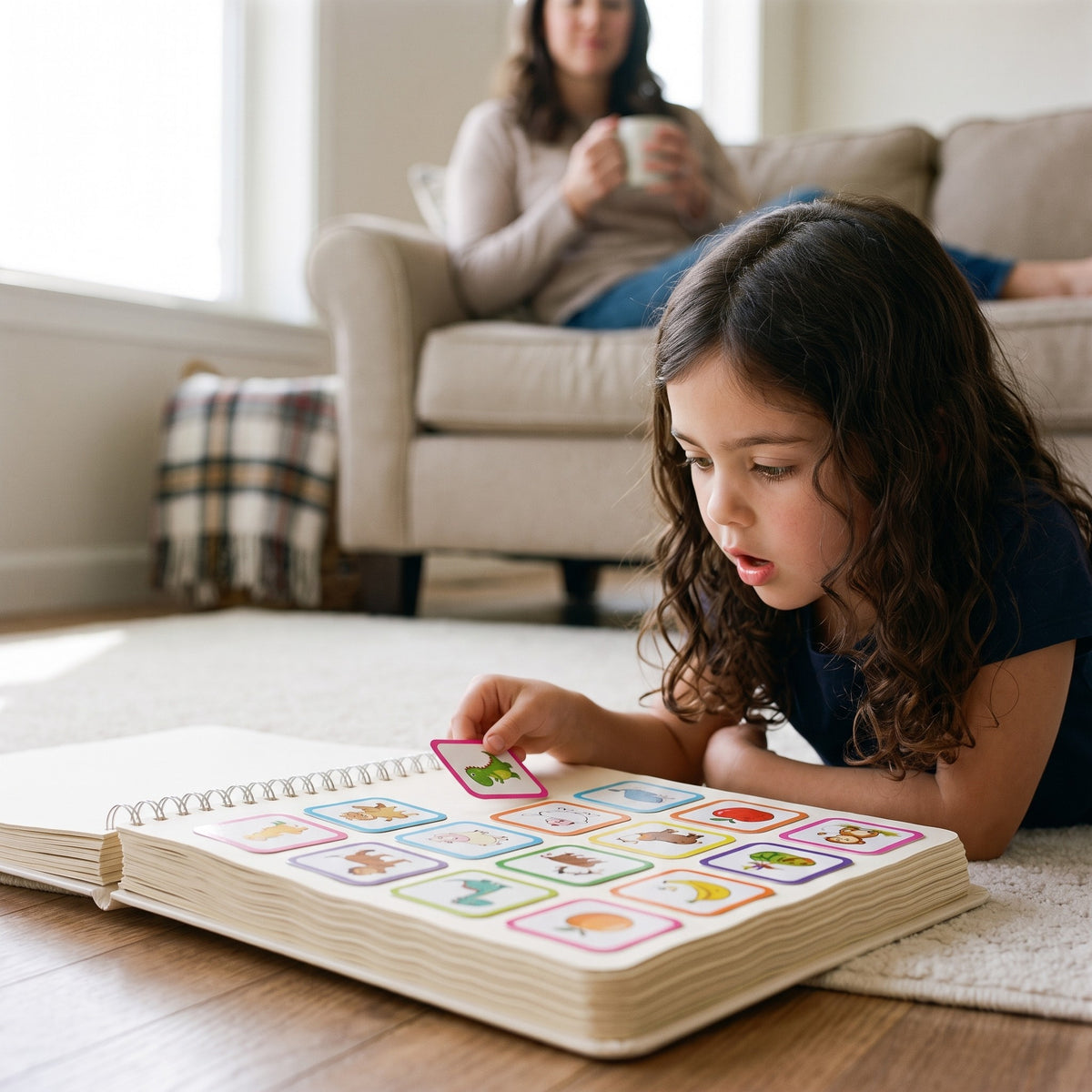 Girl placing a picture card in the preschool busy book while her mother drinks her coffee