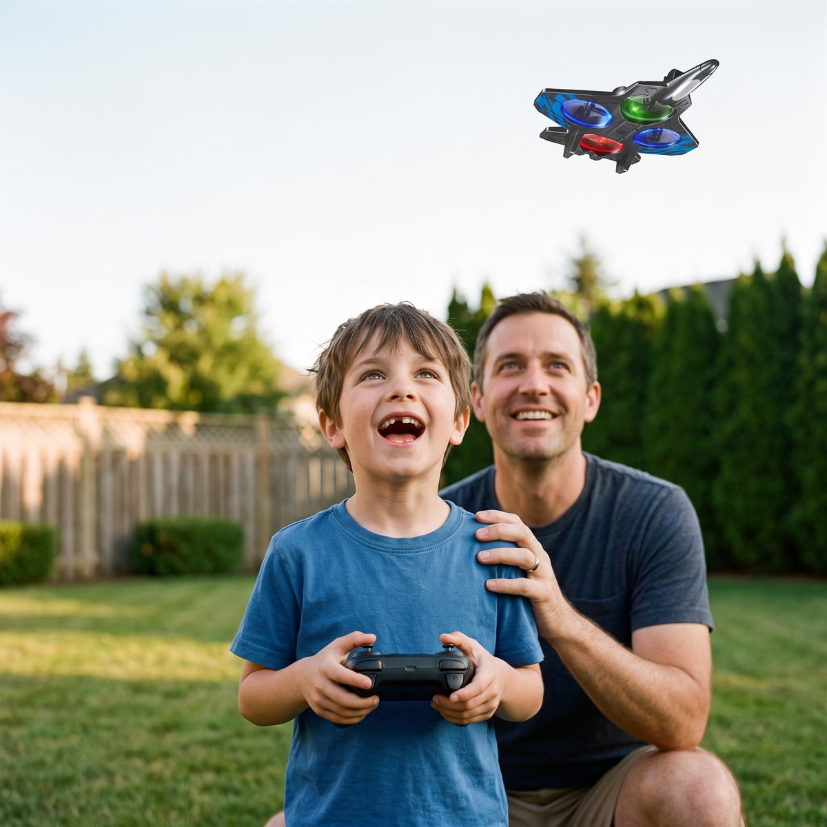 Boy flying the blue remote control foam fighter jet in the yard with his father