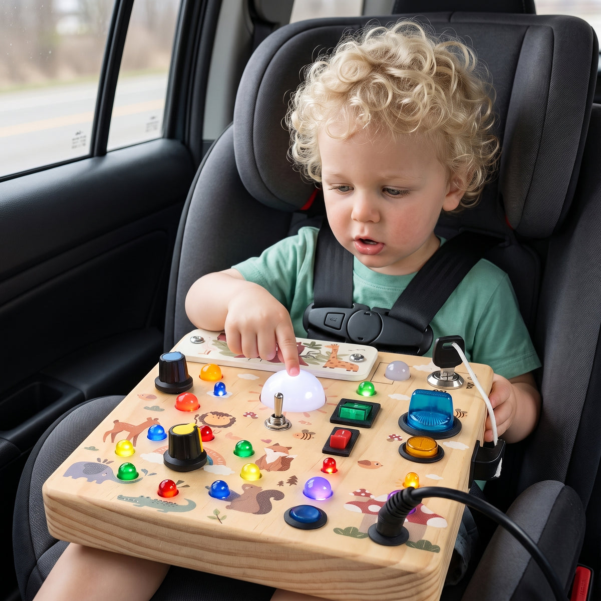 Toddler in a car seat pressing the white dome of the forest LED busy board on his lap