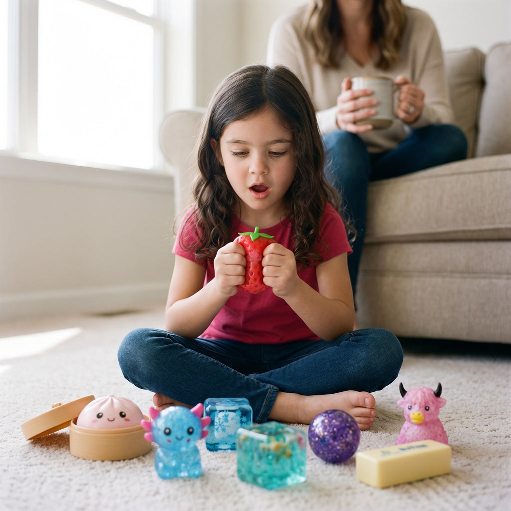 Girl squeezing the strawberry squishy on the rug, the other seven laid out in front of her
