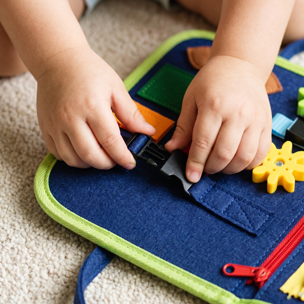 Close-up of a toddler's hands clipping a buckle sewn into the blue felt busy board