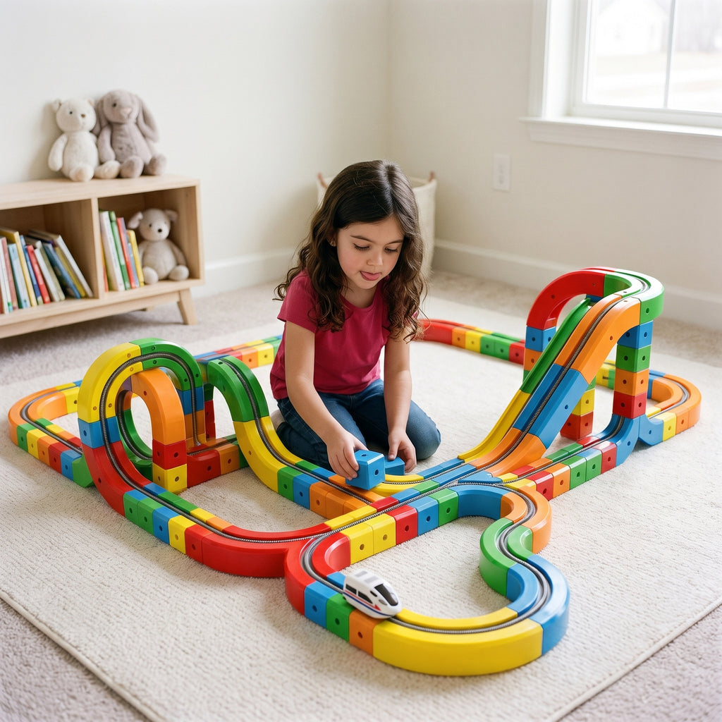 A child adding a cube to a large branching track