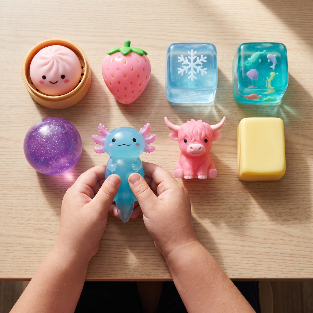 The eight squishies laid out: dumpling, strawberry, axolotl, ocean ice, snow ice, starry globe, butter and highland cow