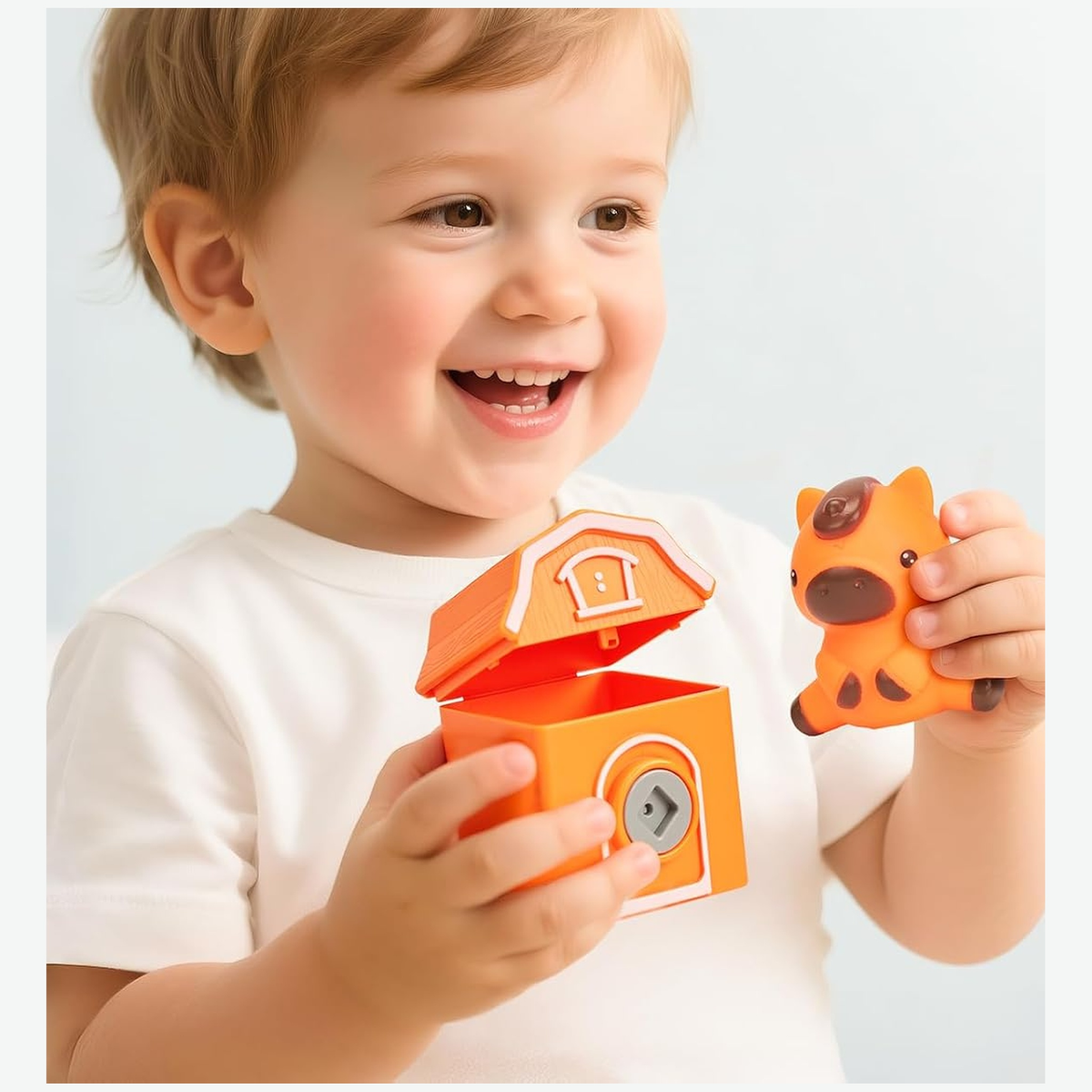 A young child holding one farm barn and the animal that was inside it