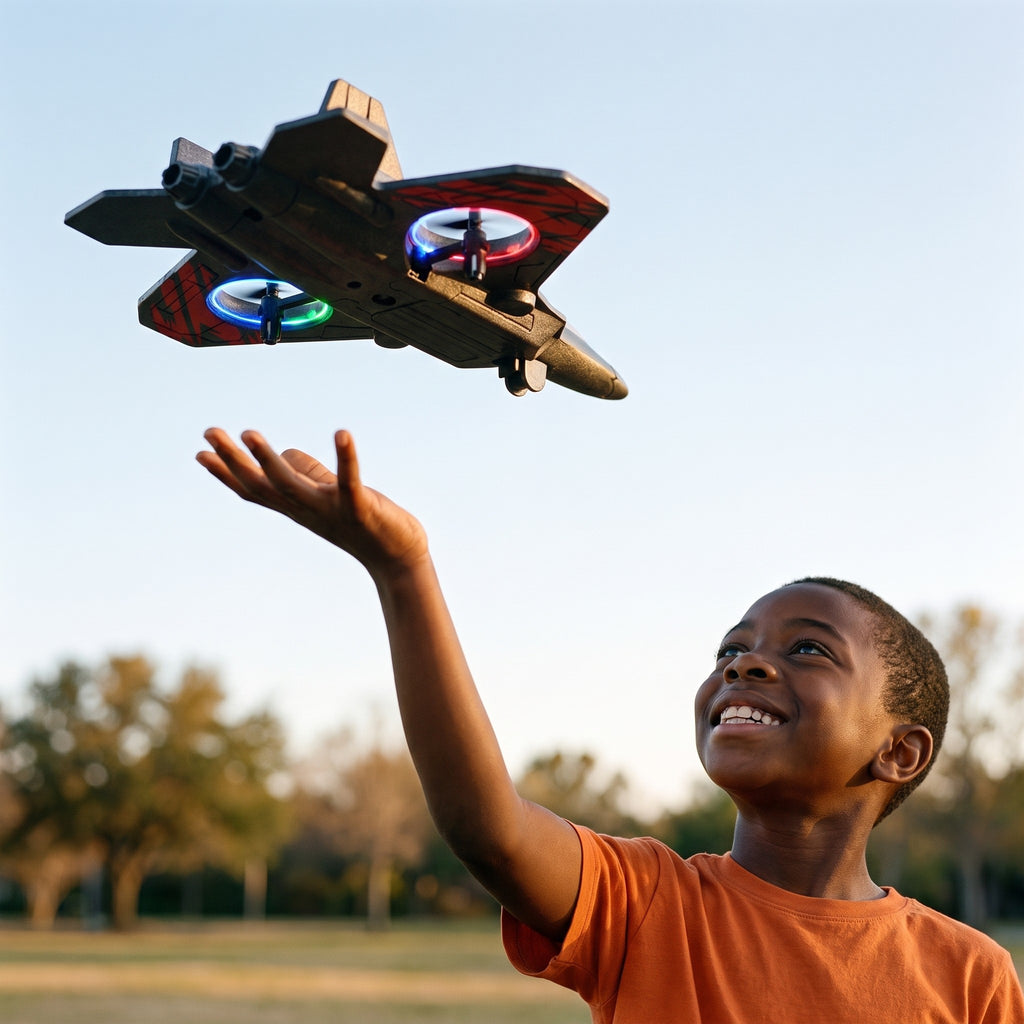 Red foam fighter jet lifting off from a boy's open hand
