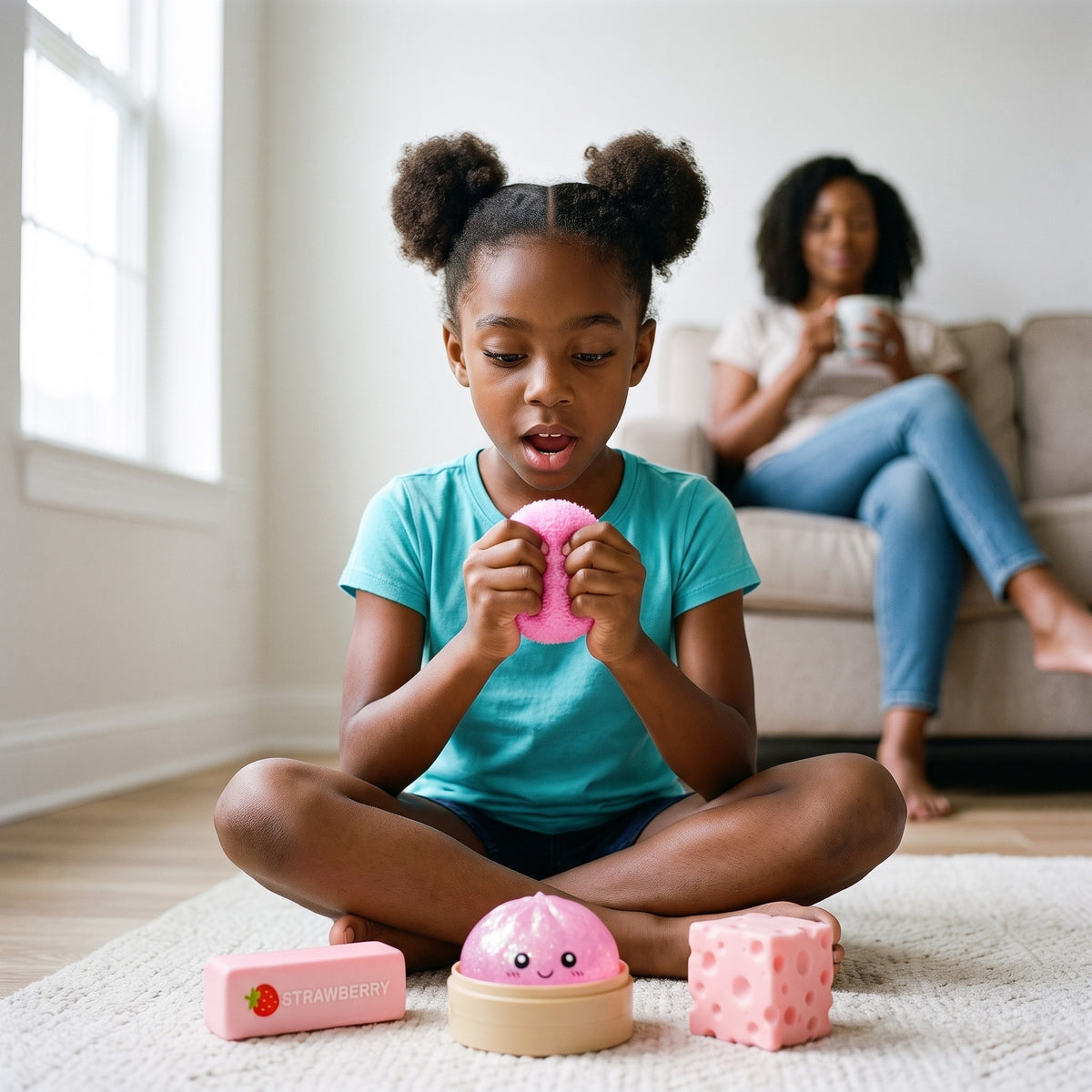 Girl squeezing the pink flocked ball squishy on the rug, the other three in front of her, her mother resting on the sofa behind