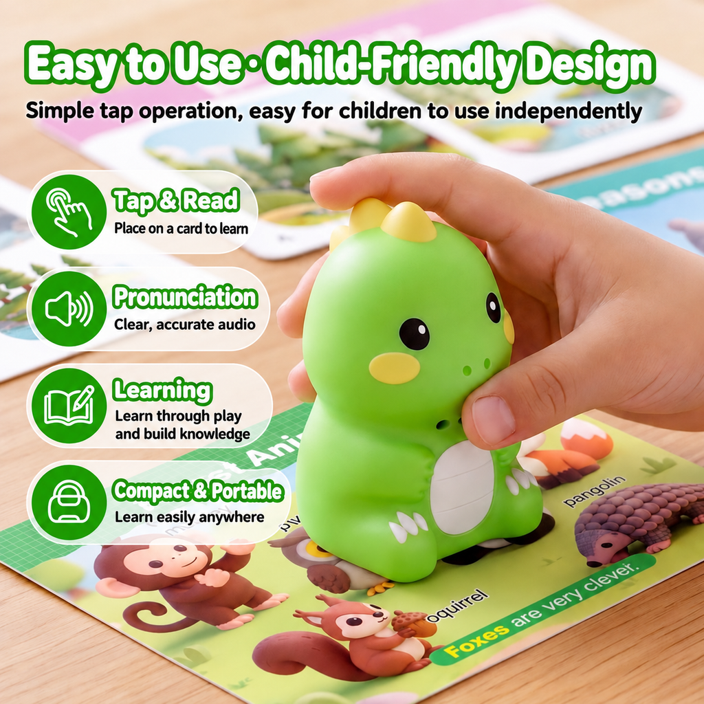 A child's hand holds the green dinosaur reader over an illustrated Forest Animals card, with four feature icons: tap and read, pronunciation, learning, compact and portable