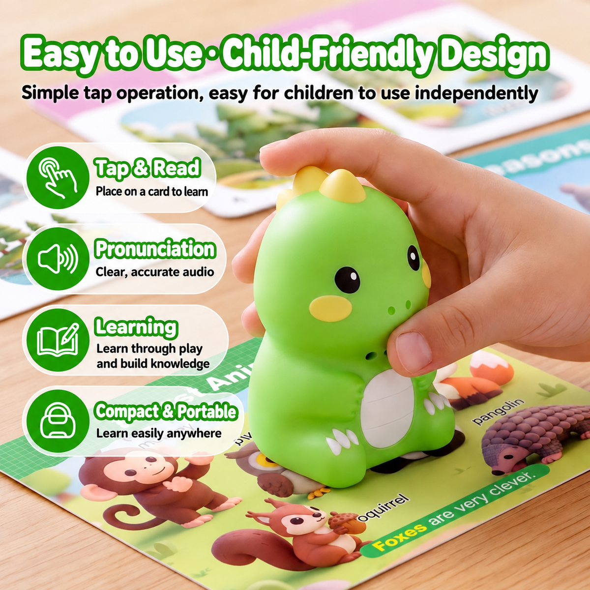 A child's hand holds the green dinosaur reader over an illustrated Forest Animals card, with four feature icons: tap and read, pronunciation, learning, compact and portable