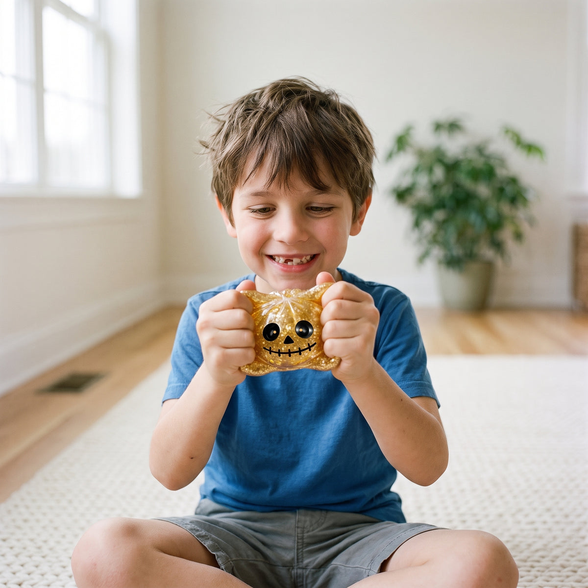 A boy squeezes the gold glitter skull dumpling squishy flat between his hands.