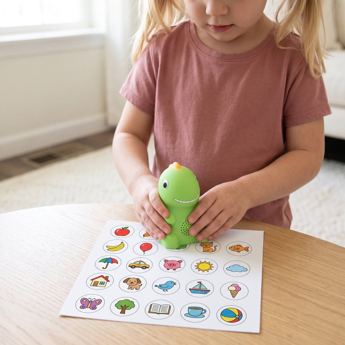 Child setting the green dinosaur reader down on a sheet of round picture stickers at a light wood table