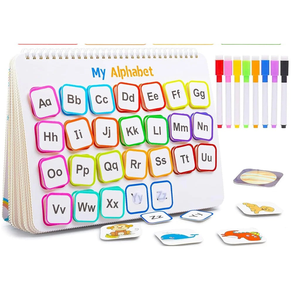 Preschool busy book open on its alphabet page, with its eight coloured markers