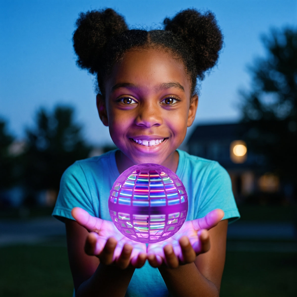 Girl holding the purple flying orb ball lit up in both hands at dusk
