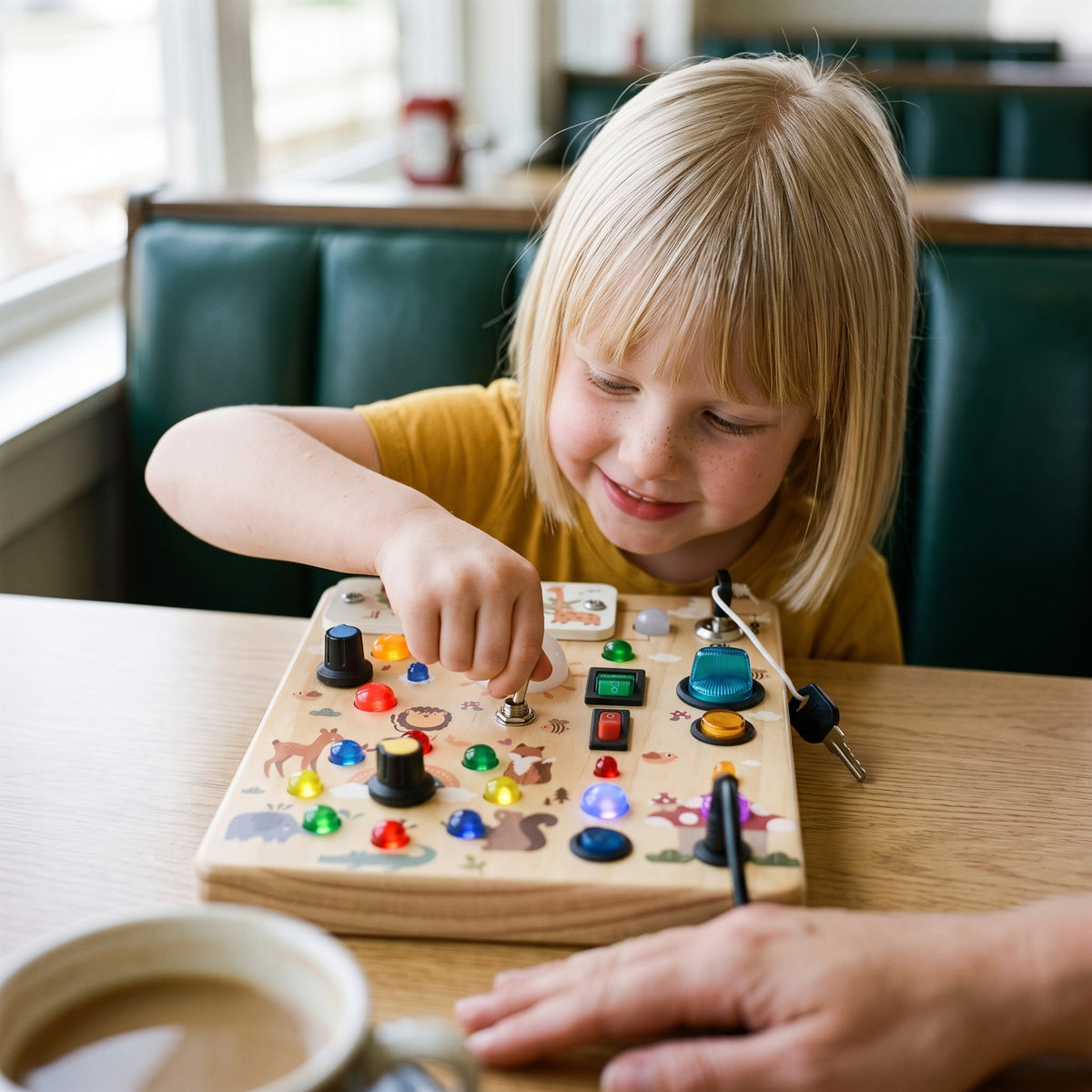 Toddler flicking the metal toggle of the forest LED busy board on a restaurant table