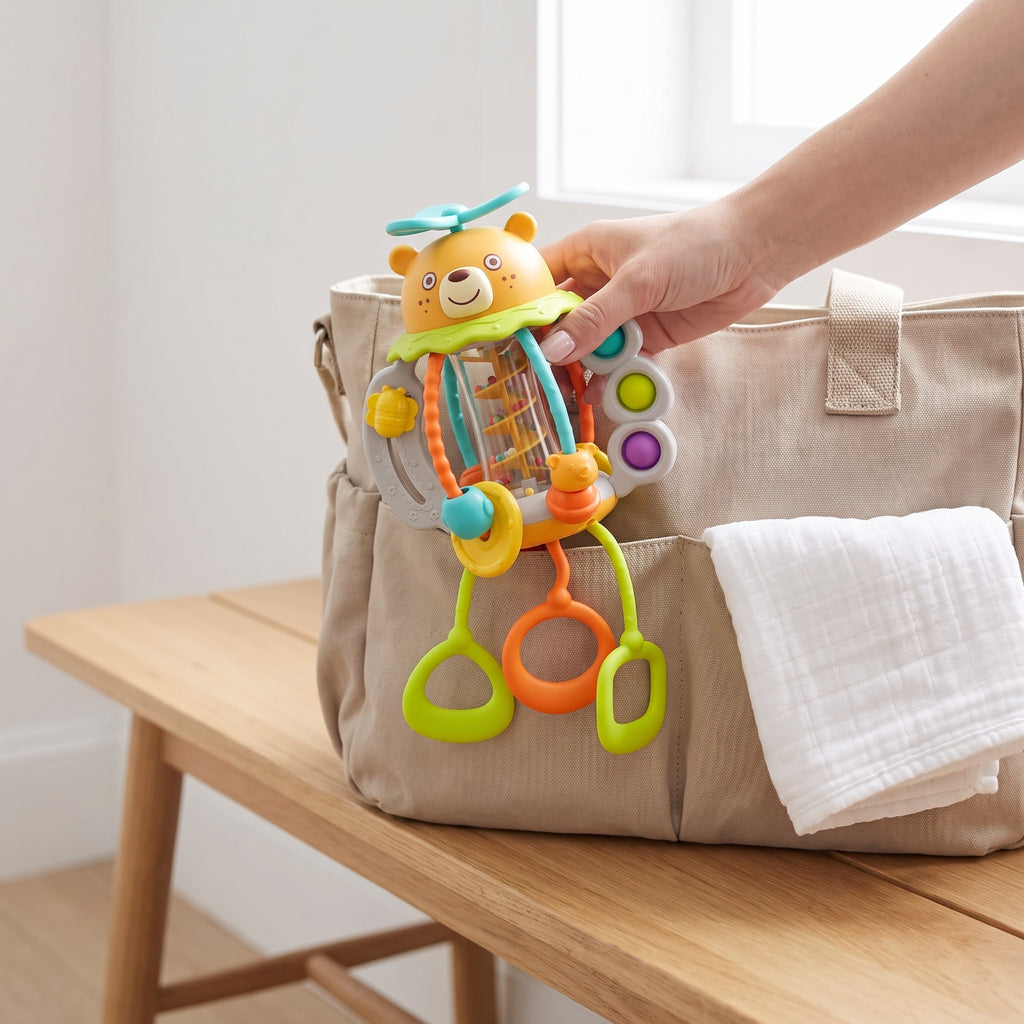 A hand lowering the bear rattle into the open front pocket of a beige diaper bag