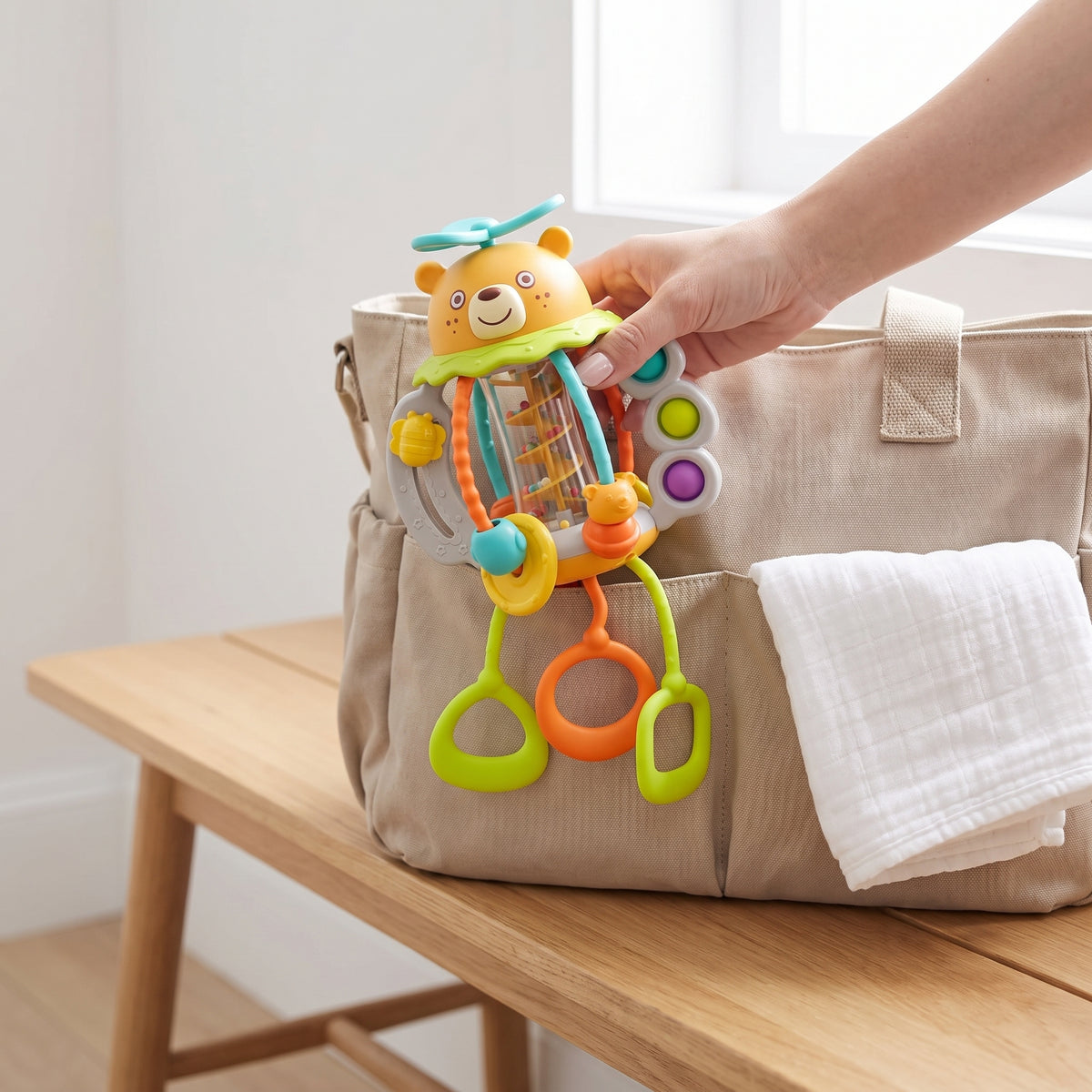 A hand lowering the bear rattle into the open front pocket of a beige diaper bag