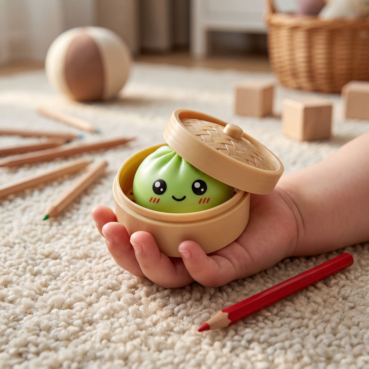 Dumpling squishy steamer basket in a child's palm next to a crayon, 2.2 in / 5.5 cm across