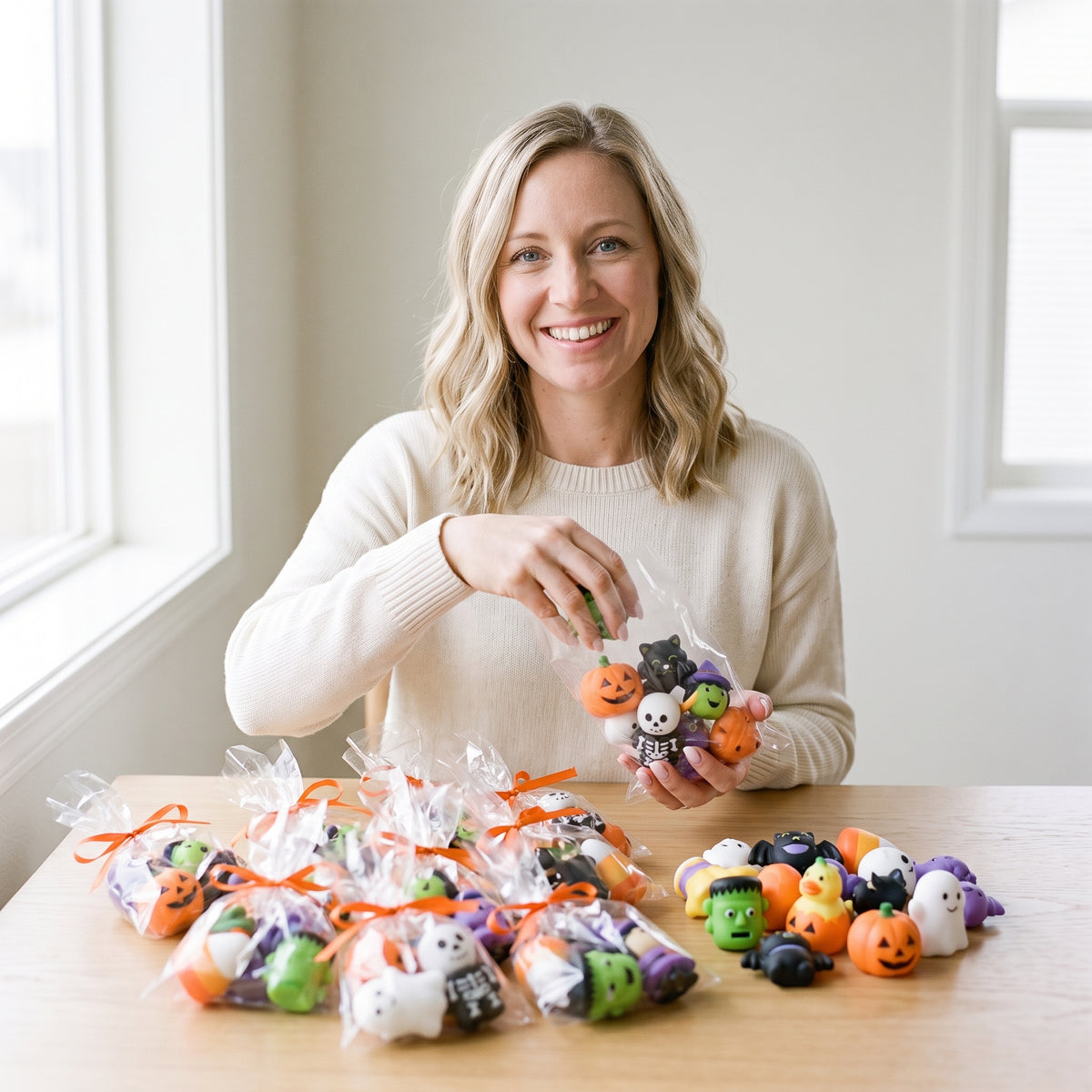 A mother at a kitchen table holding open a cellophane goodie bag of Halloween squishies, a dozen ribbon-tied bags already filled in front of her