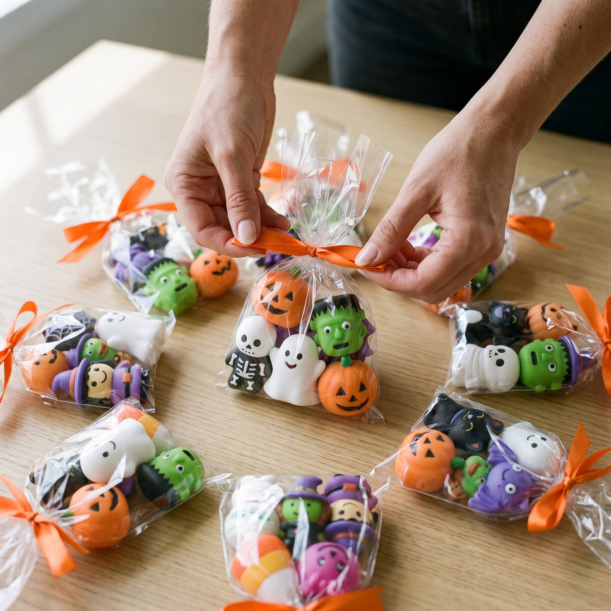 Two hands tying an orange ribbon on a cellophane party bag filled with Halloween squishies, seven more filled bags on the table around it