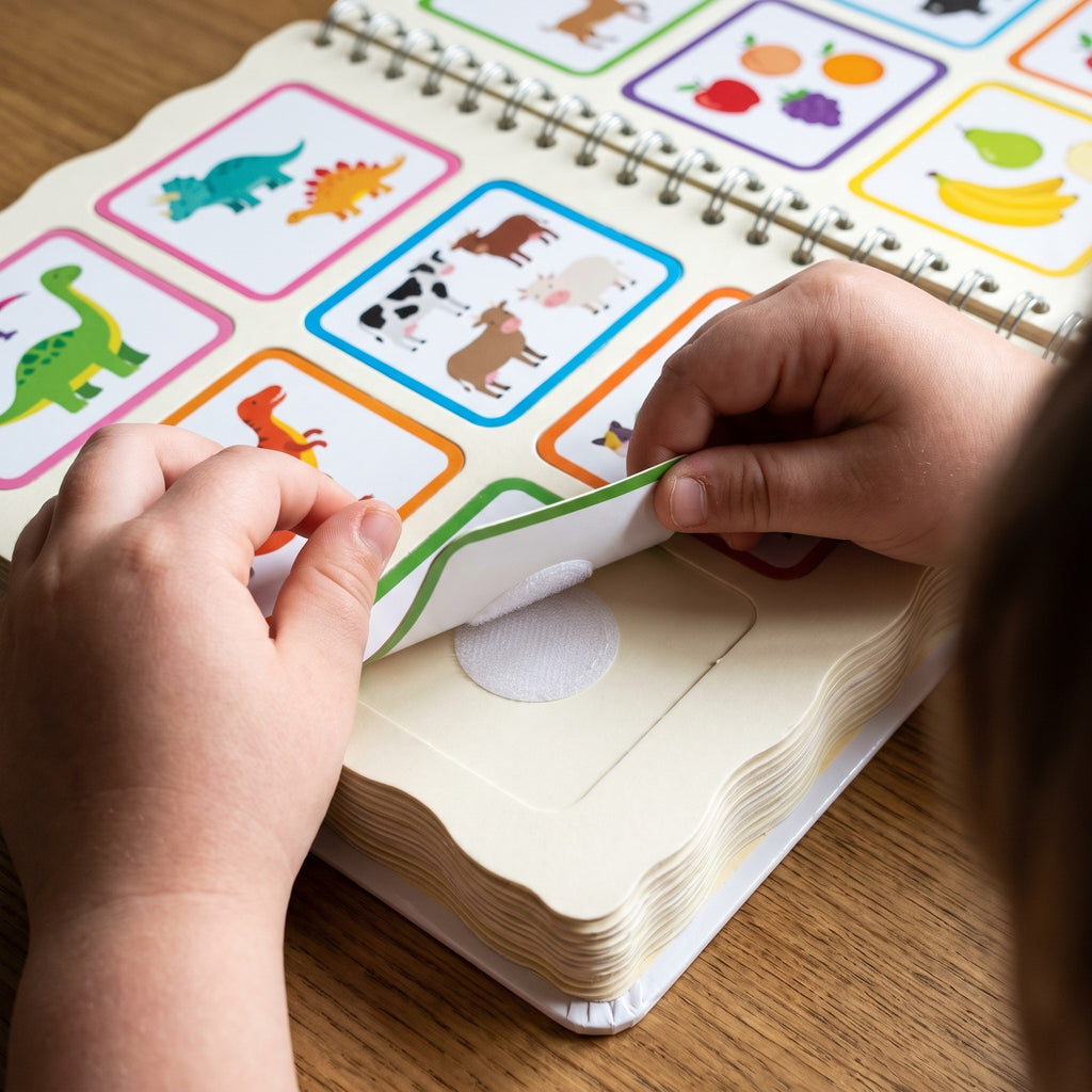 Child's hands peeling a velcro card off a busy book page, the velcro dot showing underneath