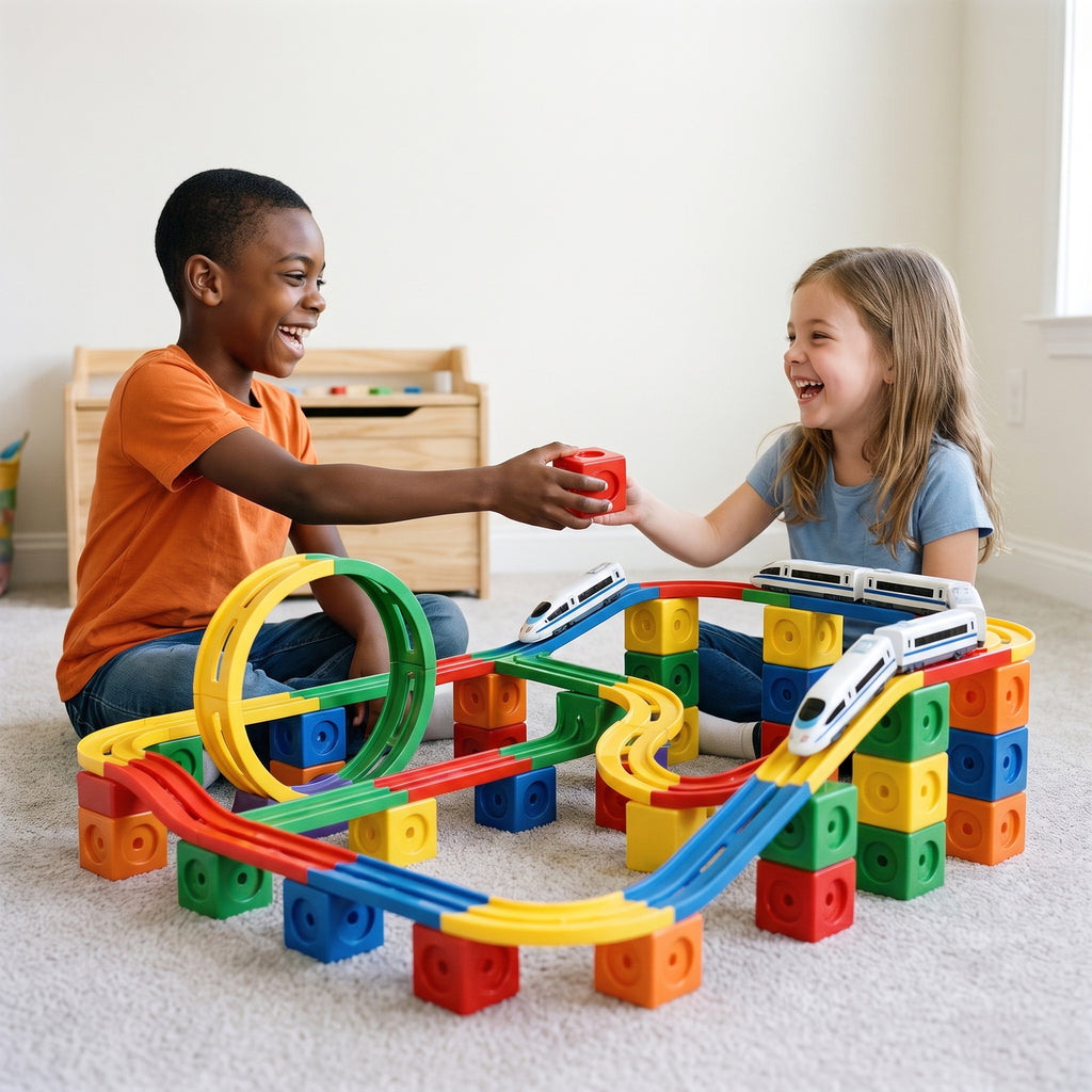 Two children building the track together