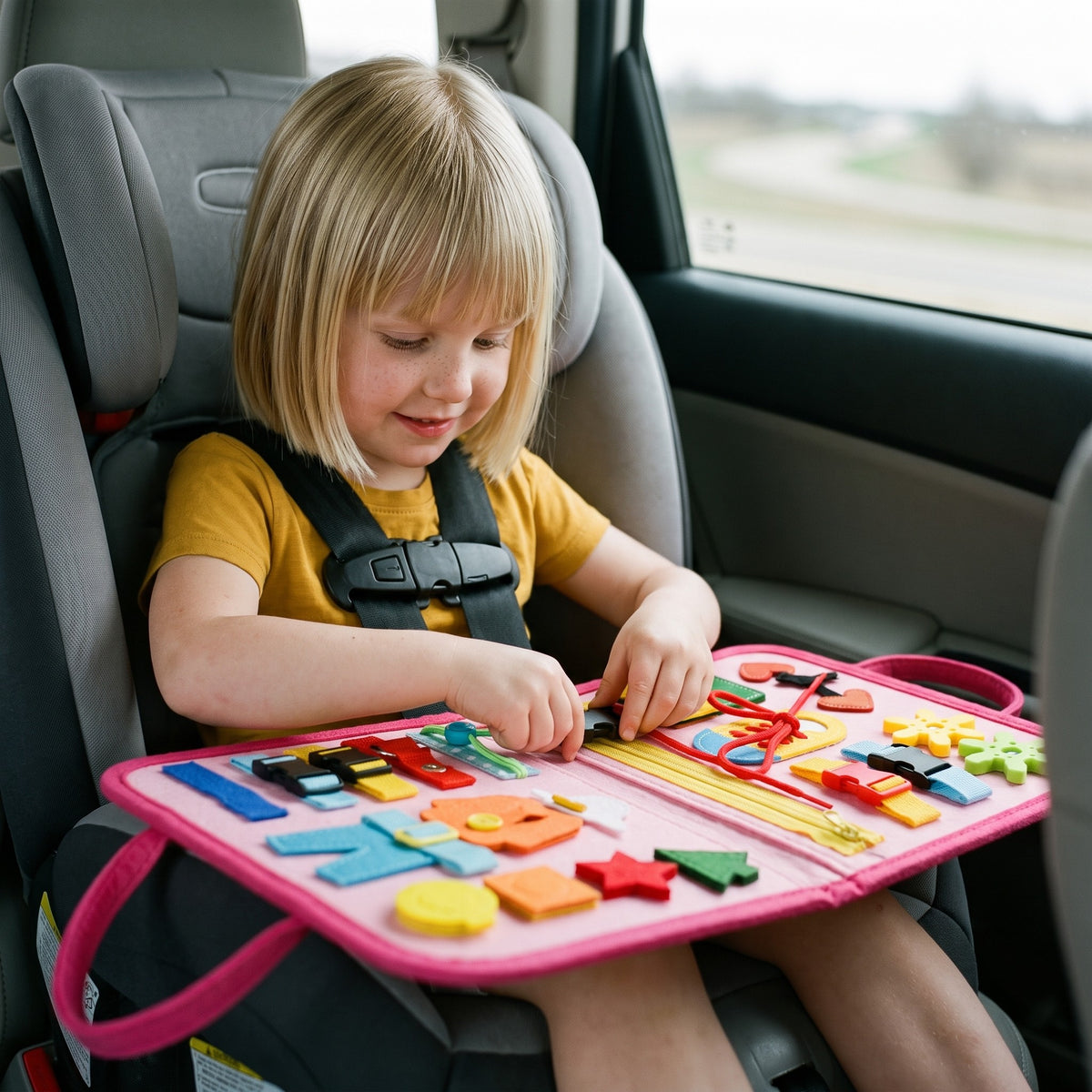 Girl playing with the pink felt busy board open flat on her lap in her car seat