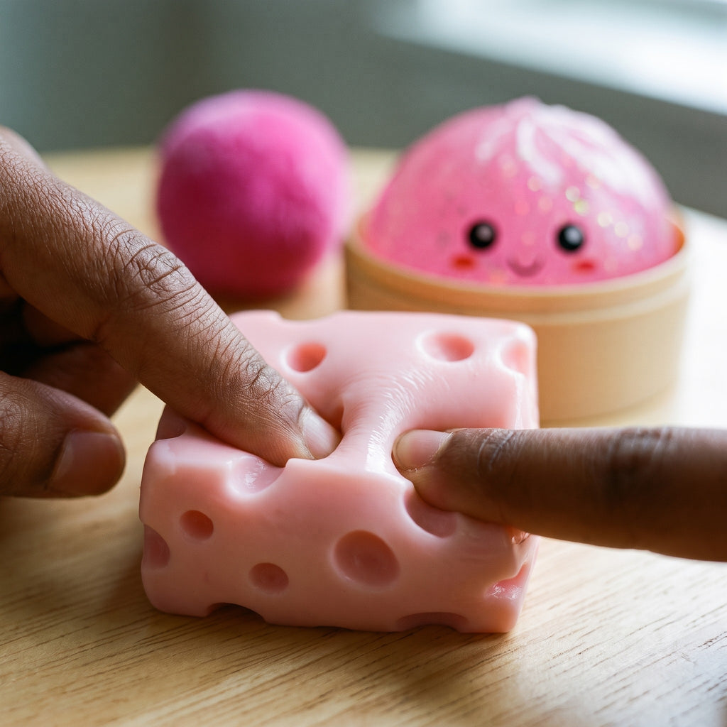 A finger pressing into the pink cheese cube squishy, the holes giving under the pressure