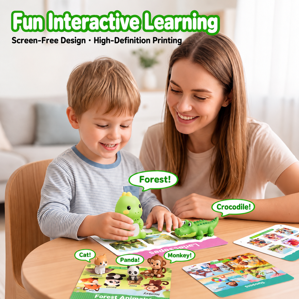 A boy and his mother smile as he sets the green dinosaur reader on an illustrated card, with speech bubbles saying Forest, Crocodile, Cat, Panda and Monkey