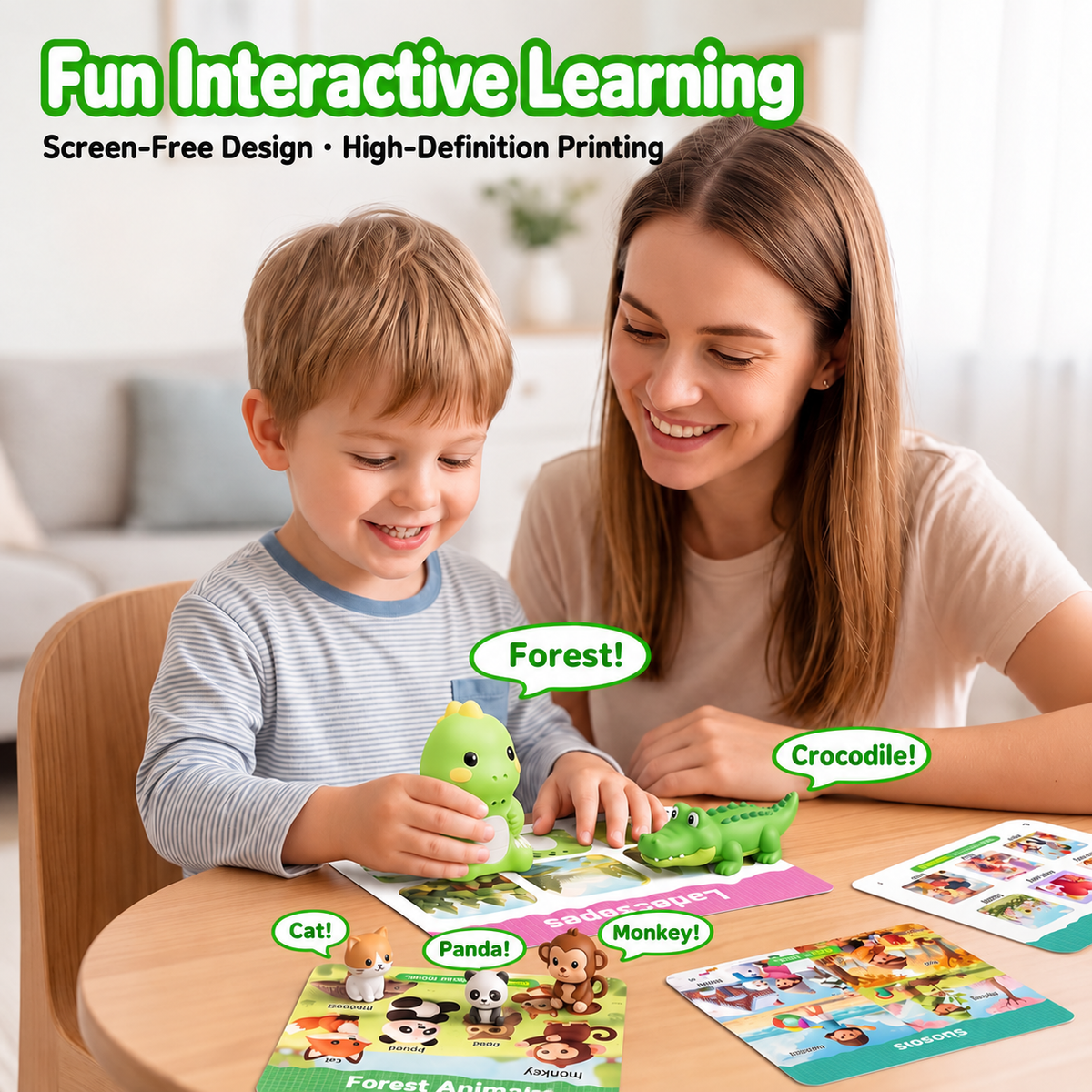 A boy and his mother smile as he sets the green dinosaur reader on an illustrated card, with speech bubbles saying Forest, Crocodile, Cat, Panda and Monkey