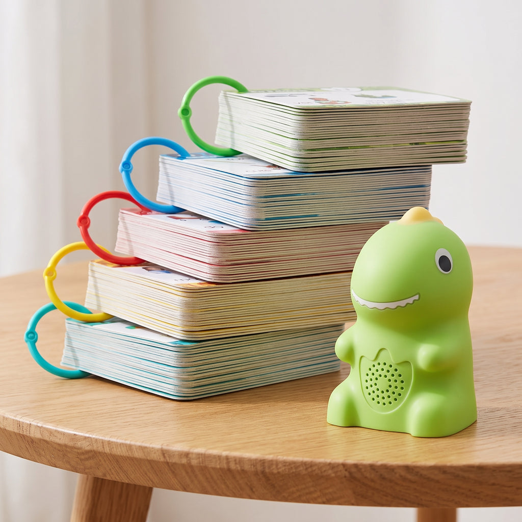 Five ring-bound sets of 148 phonics cards stacked on a wooden table, each set on its own colored ring, with the green dinosaur reader standing beside them