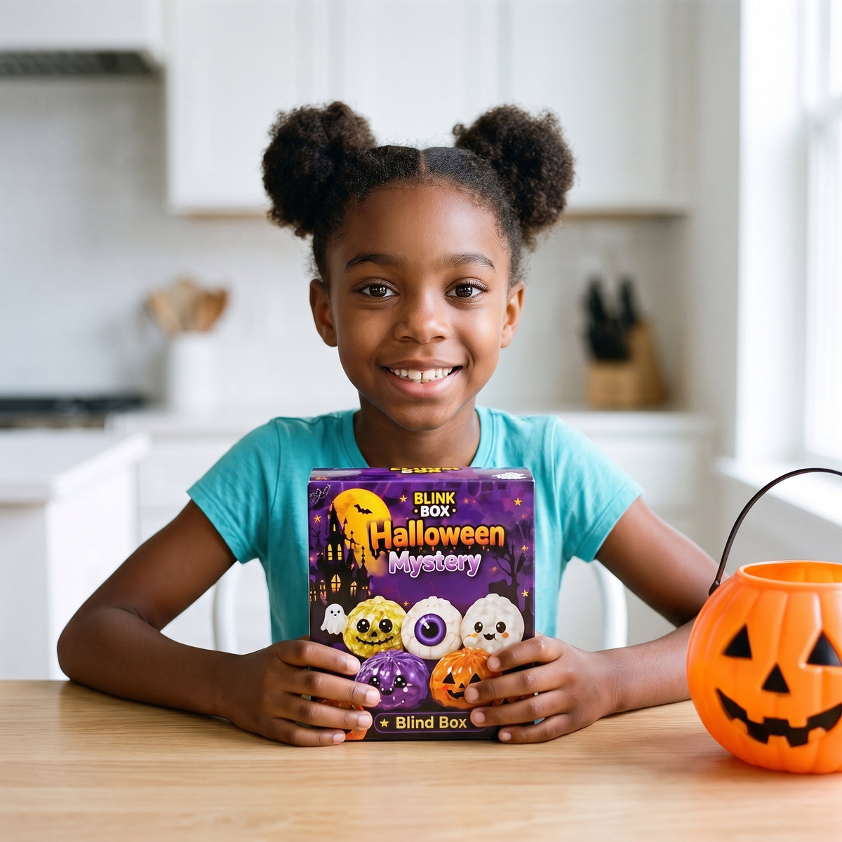 A girl holds a sealed Halloween mystery dumpling blind box next to a trick-or-treat pumpkin bucket.